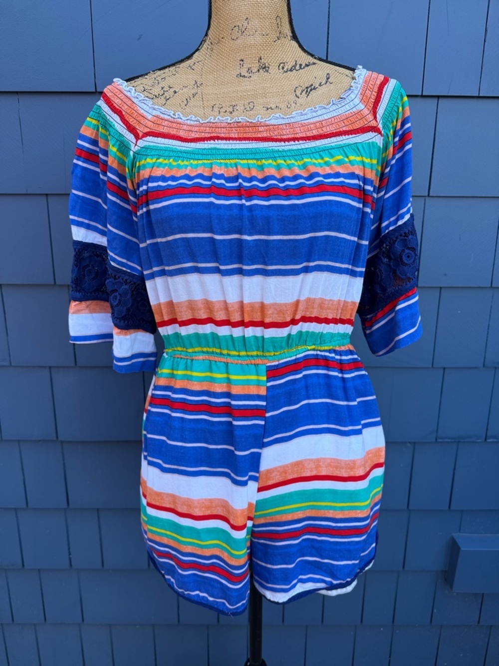 Plenty Tracey Reese Medium Blue Multicolor Striped Off-Shoulder Romper